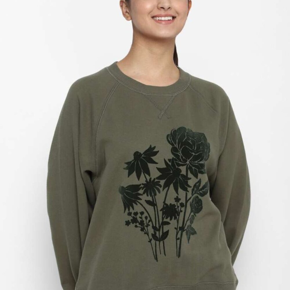 American Eagle Outfitters Women's Green Khaki Floral Pullover Sweatshirt Size L